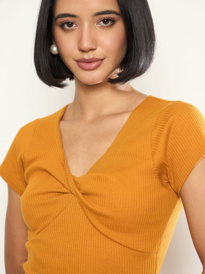 Women Mustard Rib Front Twisted Midi Dress