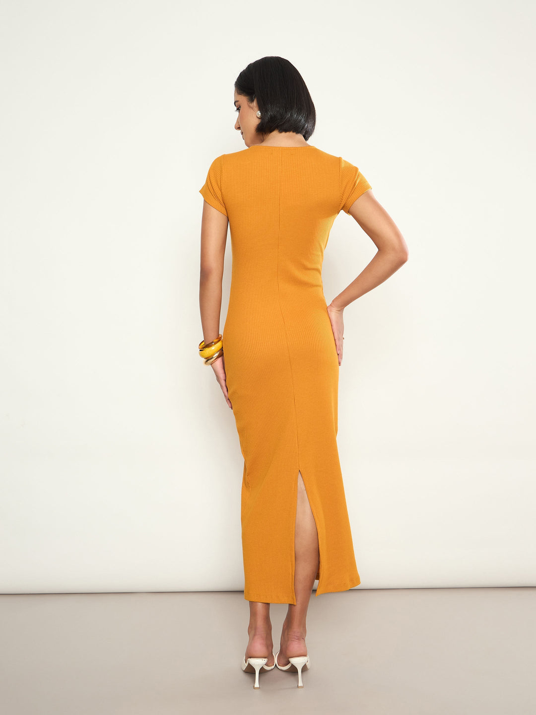 Women Mustard Rib Front Twisted Midi Dress