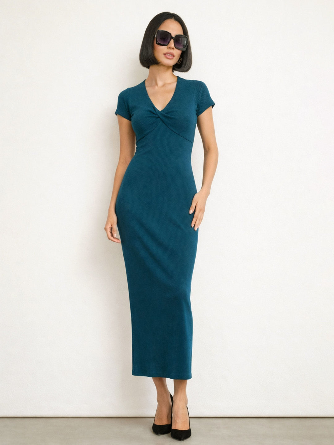 Women Teal Rib Front Twisted Midi Dress