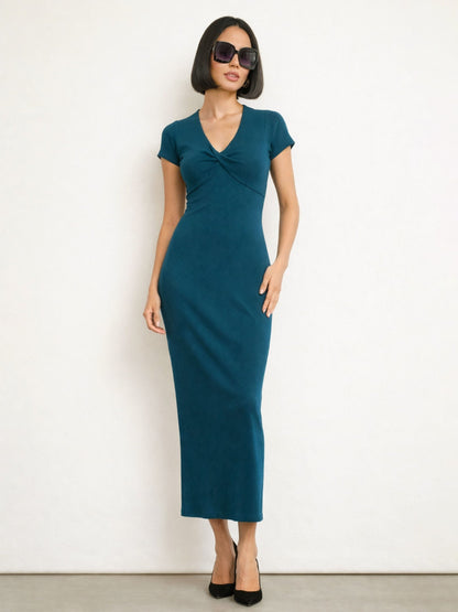 Women Teal Rib Front Twisted Midi Dress