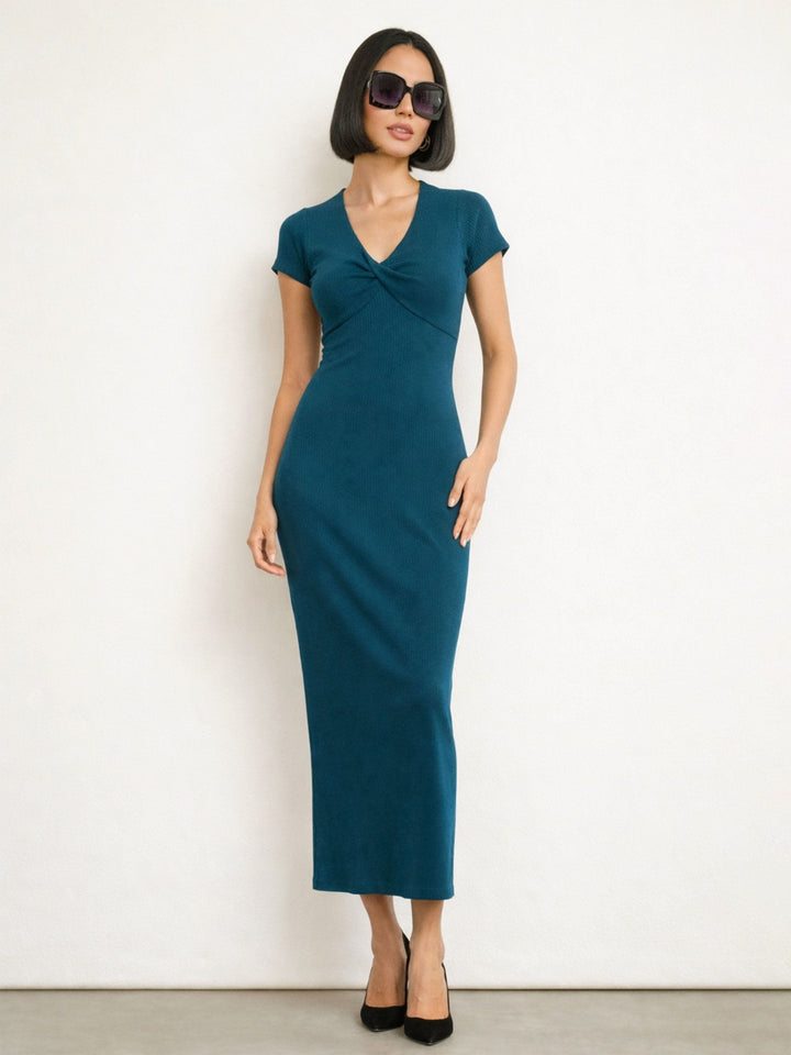 Women Teal Rib Front Twisted Midi Dress