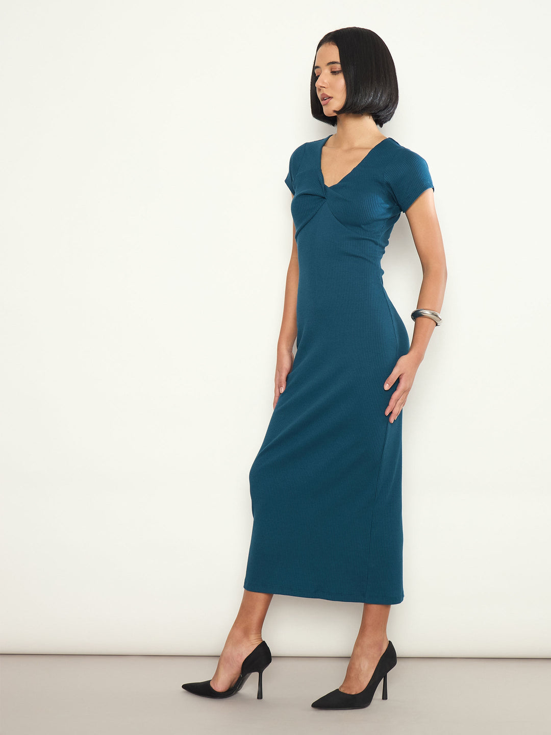 Women Teal Rib Front Twisted Midi Dress