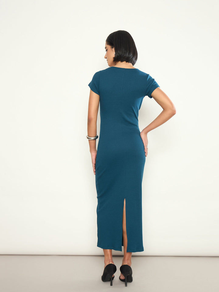 Women Teal Rib Front Twisted Midi Dress