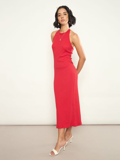 Women Red Rib Halter Neck Bodycon Midi Dress