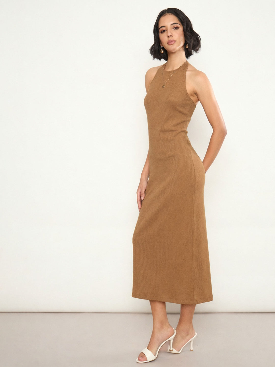 Women Tan Rib Halter Neck Bodycon Midi Dress