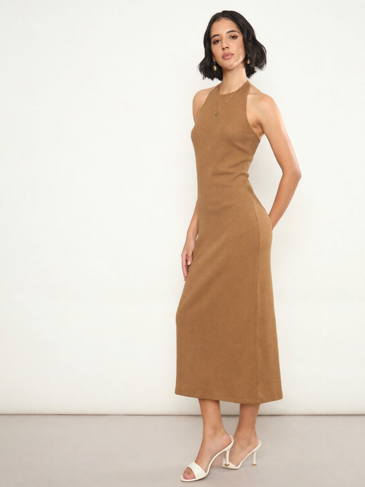 Women Tan Rib Halter Neck Bodycon Midi Dress
