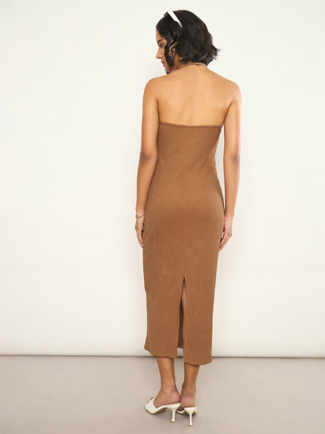 Women Tan Rib Halter Neck Bodycon Midi Dress