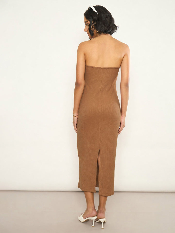 Women Tan Rib Halter Neck Bodycon Midi Dress