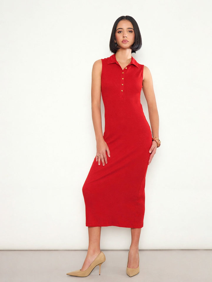Women Red Rib Sleeveless Polo Collar Neck Midi Dress