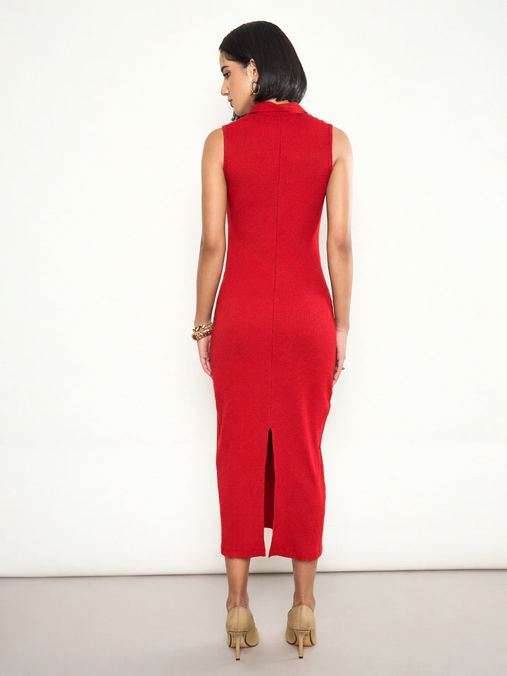 Women Red Rib Sleeveless Polo Collar Neck Midi Dress