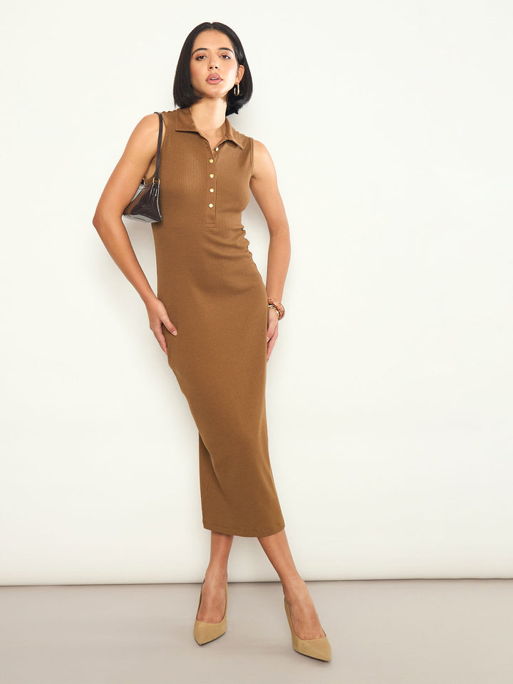 Women Tan Rib Sleeveless Polo Collar Neck Midi Dress