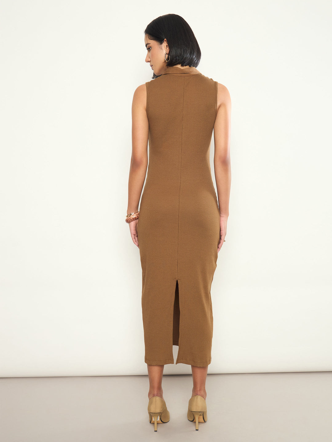 Women Tan Rib Sleeveless Polo Collar Neck Midi Dress