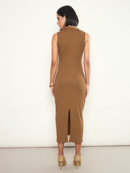 Women Tan Rib Sleeveless Polo Collar Neck Midi Dress