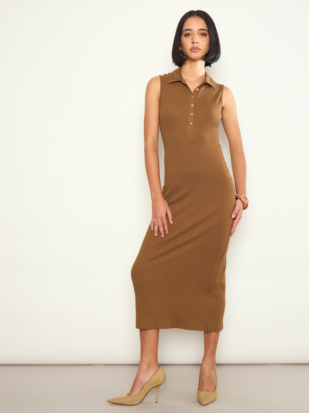 Women Tan Rib Sleeveless Polo Collar Neck Midi Dress