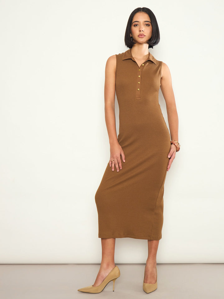 Women Tan Rib Sleeveless Polo Collar Neck Midi Dress