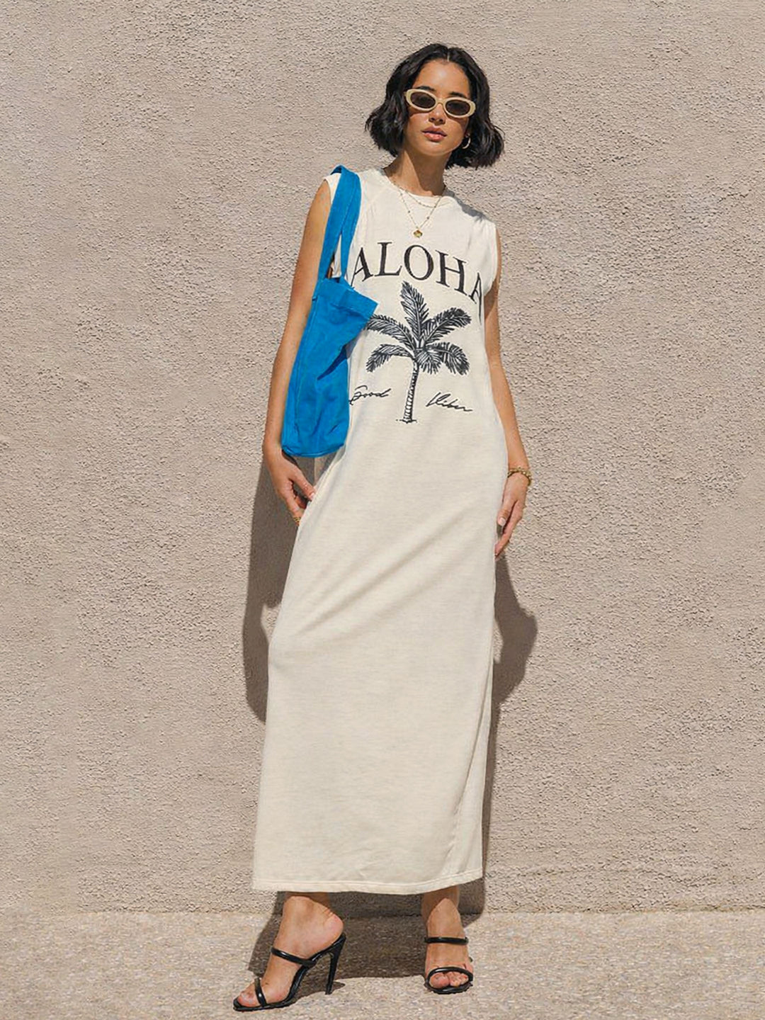 Women Off-White ALOHA Print Sleeveless T-Shirt Dress