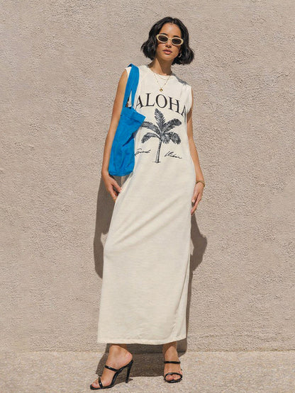 Women Off-White ALOHA Print Sleeveless T-Shirt Dress