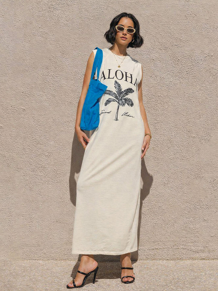 Women Off-White ALOHA Print Sleeveless T-Shirt Dress