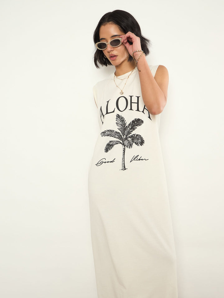Women Off-White ALOHA Print Sleeveless T-Shirt Dress