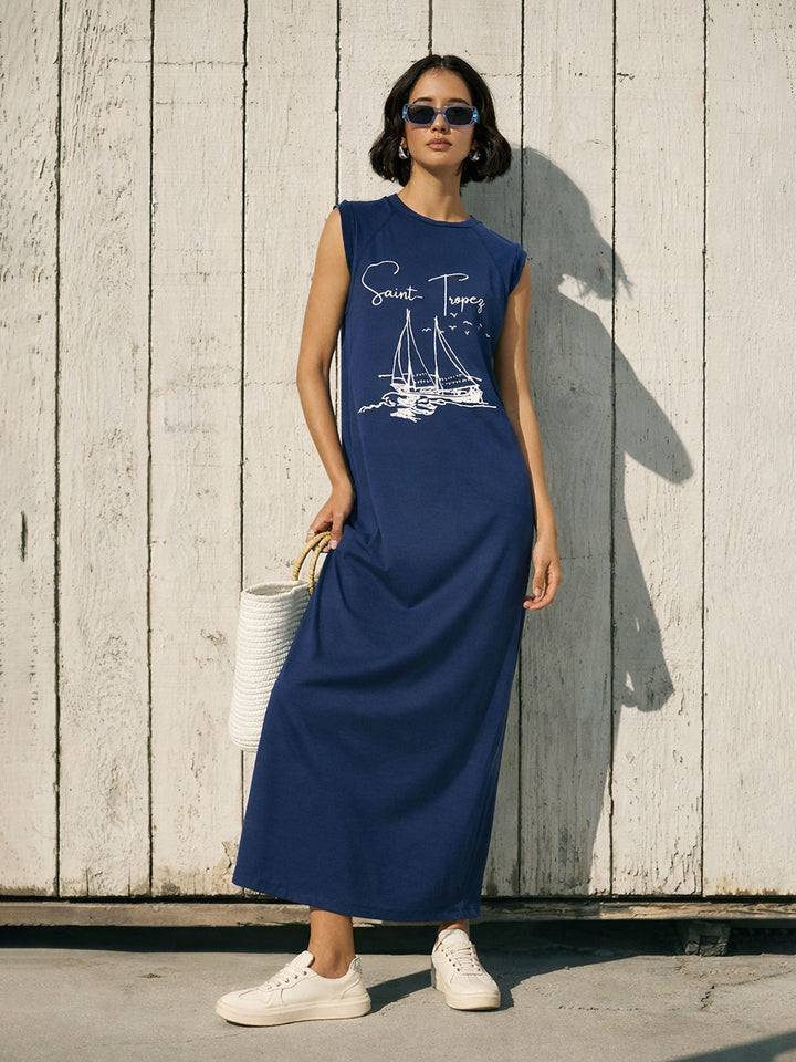 Women Navy SAINT-TROPEZ Print Sleeveless T-Shirt Dress