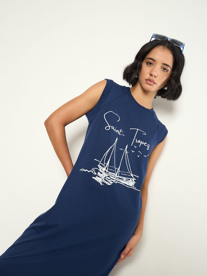Women Navy SAINT-TROPEZ Print Sleeveless T-Shirt Dress