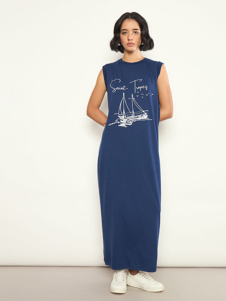 Women Navy SAINT-TROPEZ Print Sleeveless T-Shirt Dress