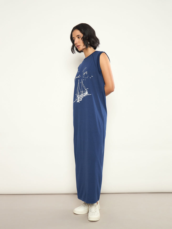Women Navy SAINT-TROPEZ Print Sleeveless T-Shirt Dress