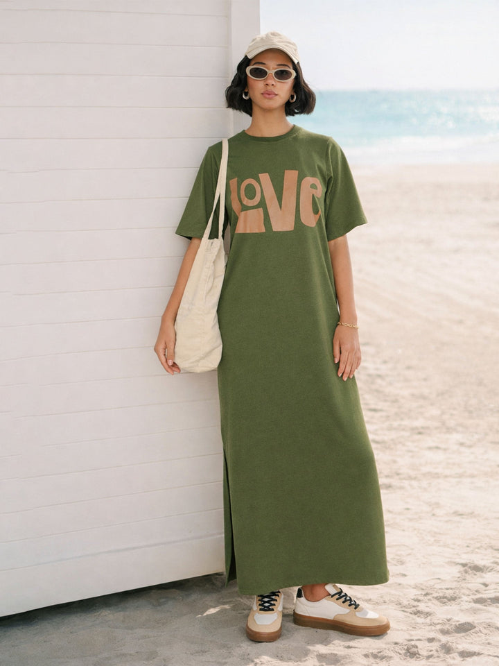 Women Olive LOVE Print Oversized T-Shirt Dress