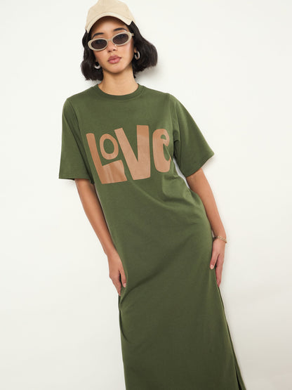 Women Olive LOVE Print Oversized T-Shirt Dress