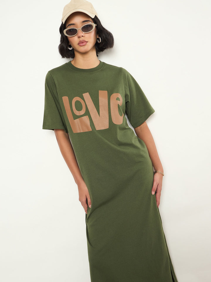 Women Olive LOVE Print Oversized T-Shirt Dress