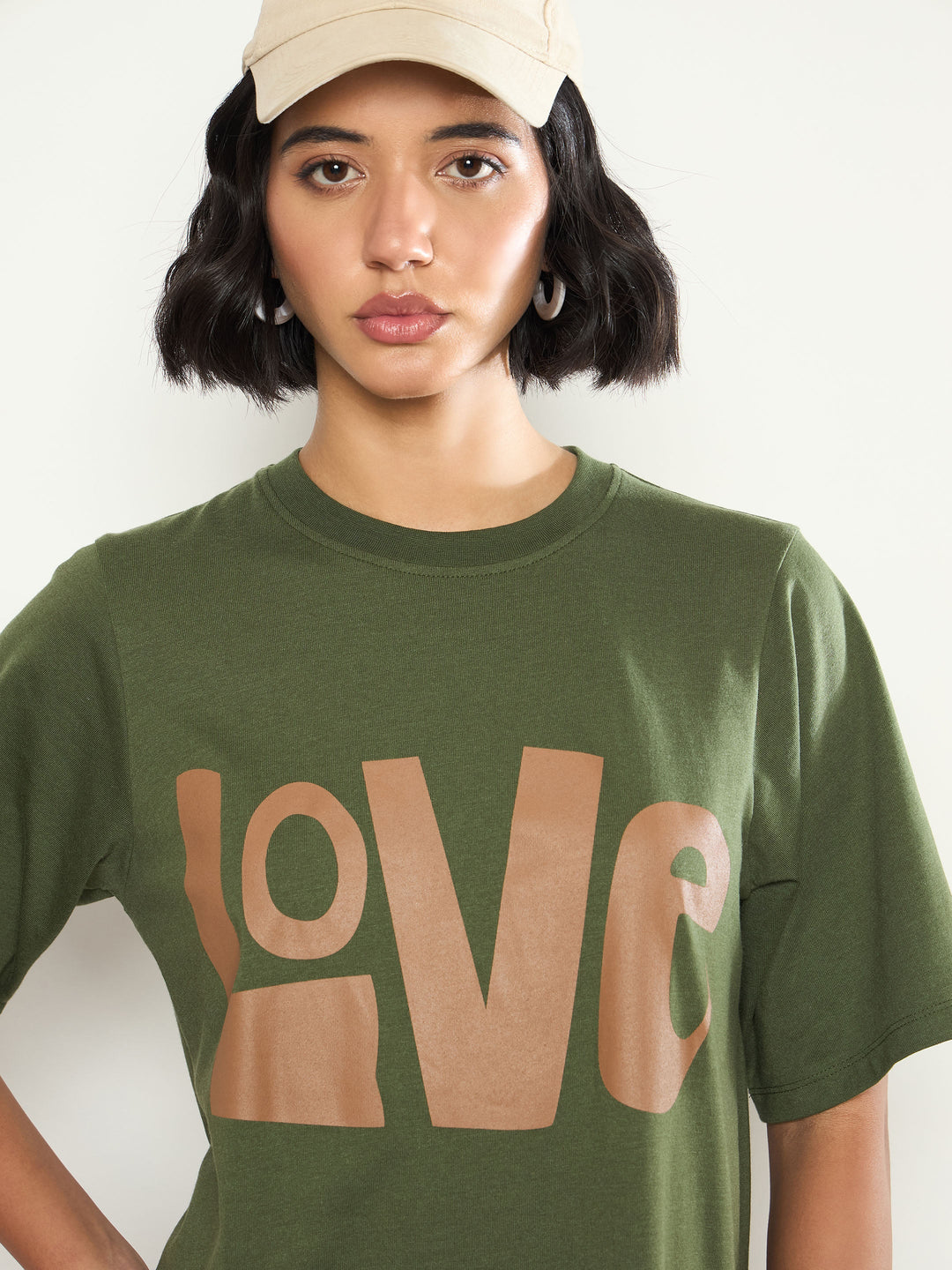 Women Olive LOVE Print Oversized T-Shirt Dress