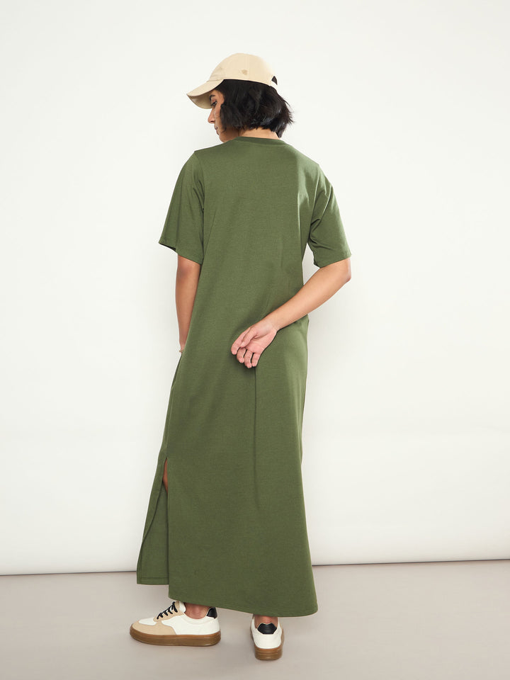 Women Olive LOVE Print Oversized T-Shirt Dress