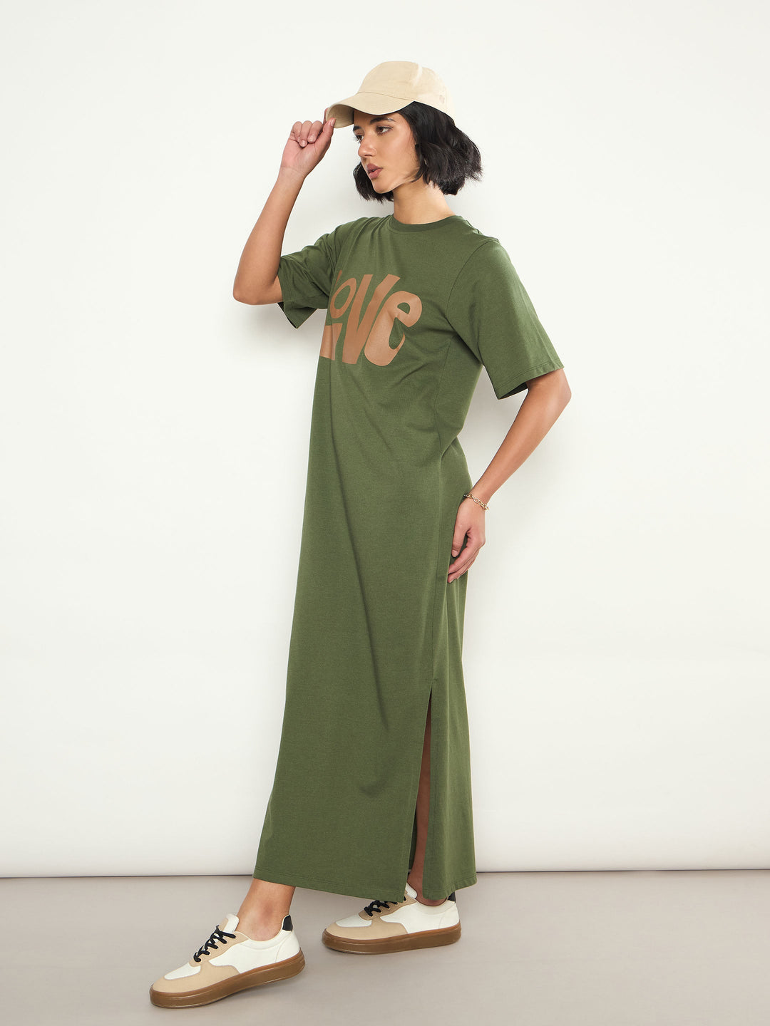 Women Olive LOVE Print Oversized T-Shirt Dress