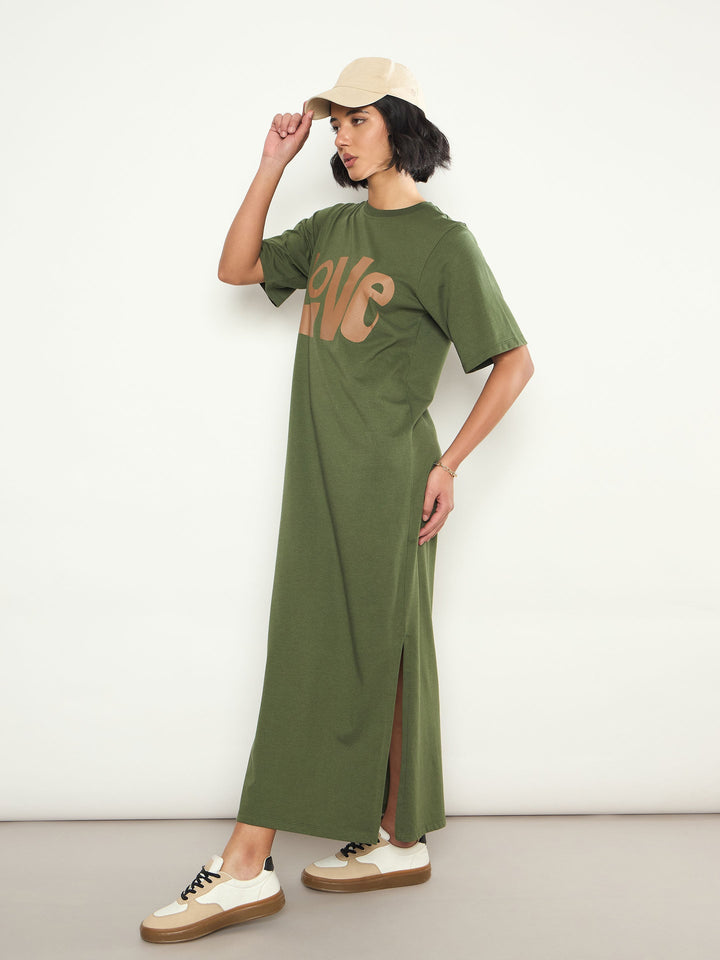 Women Olive LOVE Print Oversized T-Shirt Dress
