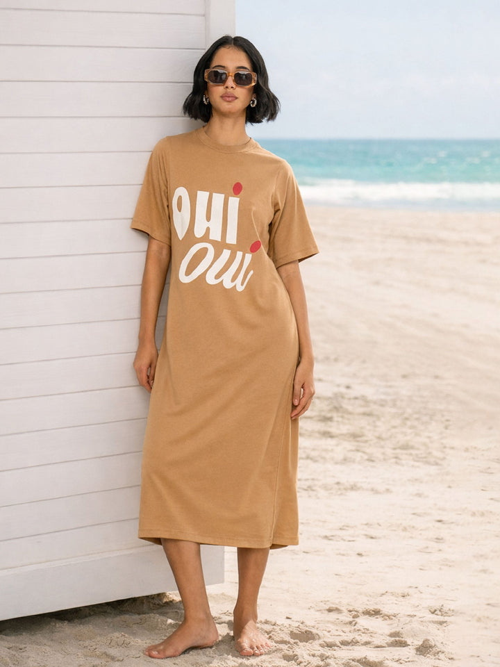 Women Tan OHI OUI Print Oversized T-Shirt Dress