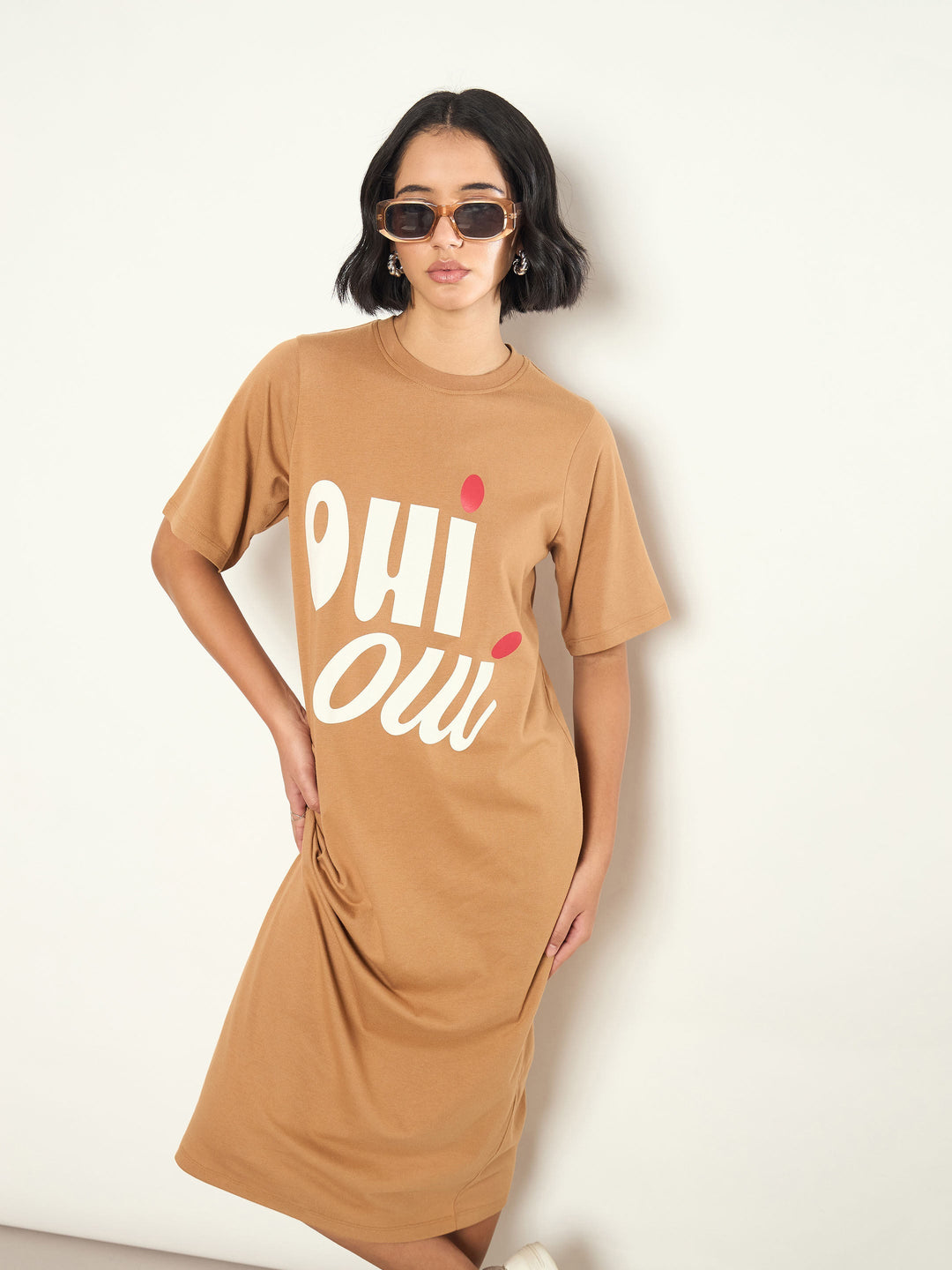 Women Tan OHI OUI Print Oversized T-Shirt Dress