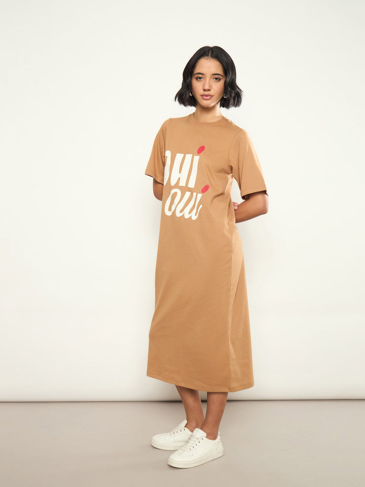 Women Tan OHI OUI Print Oversized T-Shirt Dress