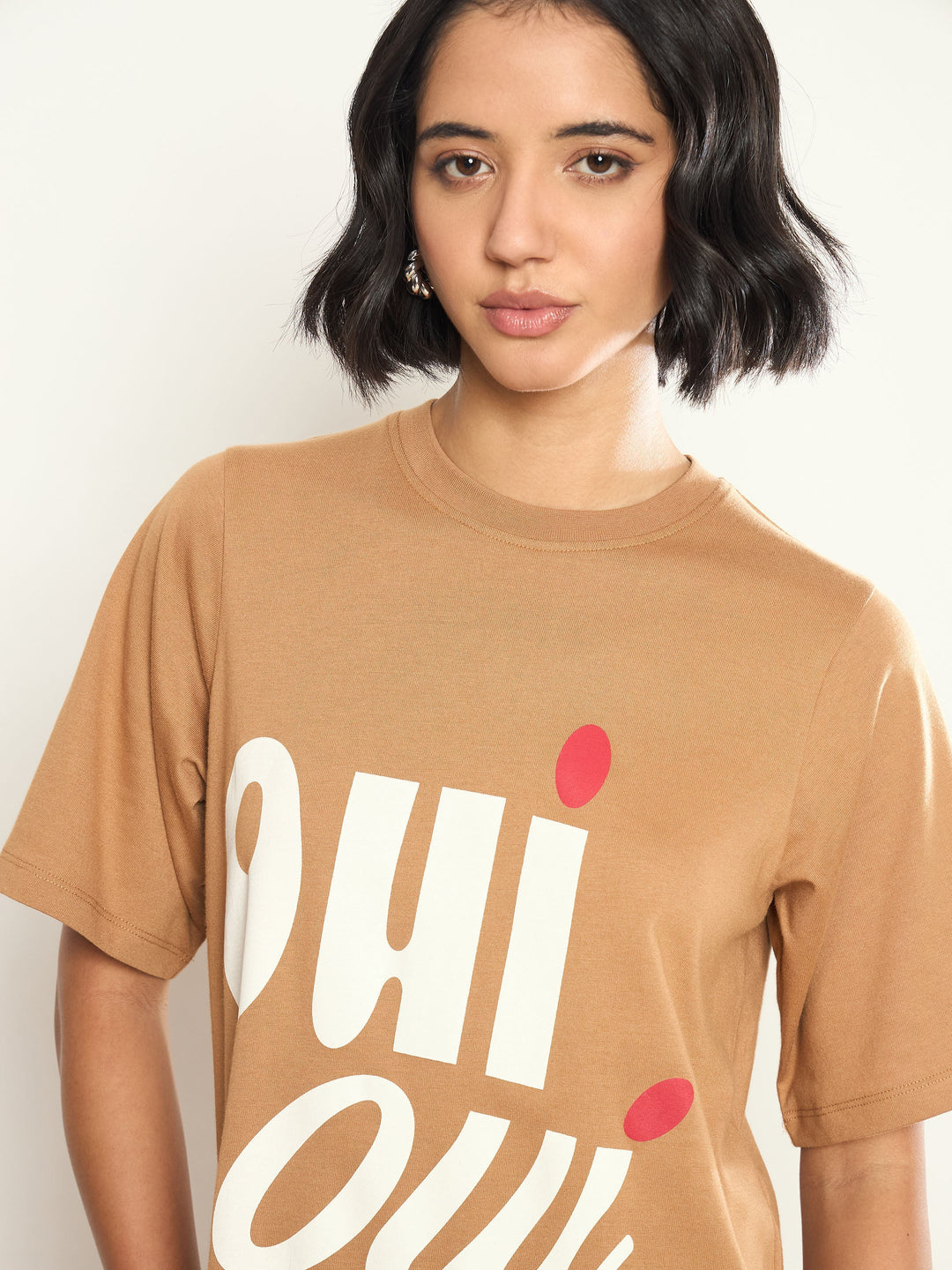 Women Tan OHI OUI Print Oversized T-Shirt Dress