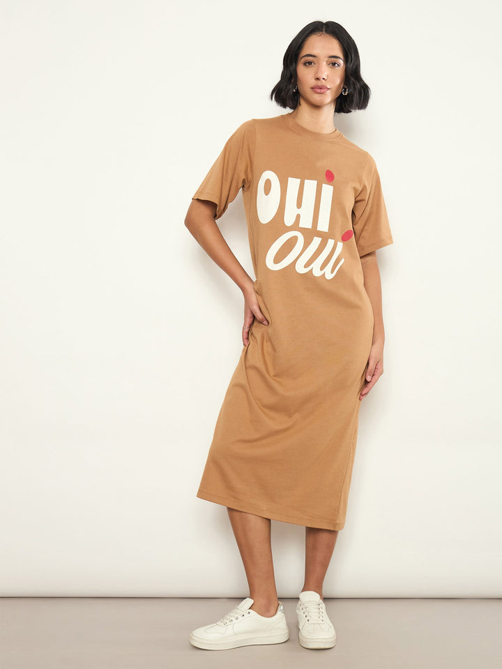 Women Tan OHI OUI Print Oversized T-Shirt Dress