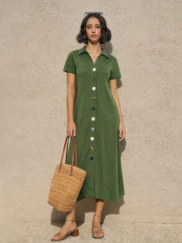 Women Olive Multi Design Button Down Midi Dress
