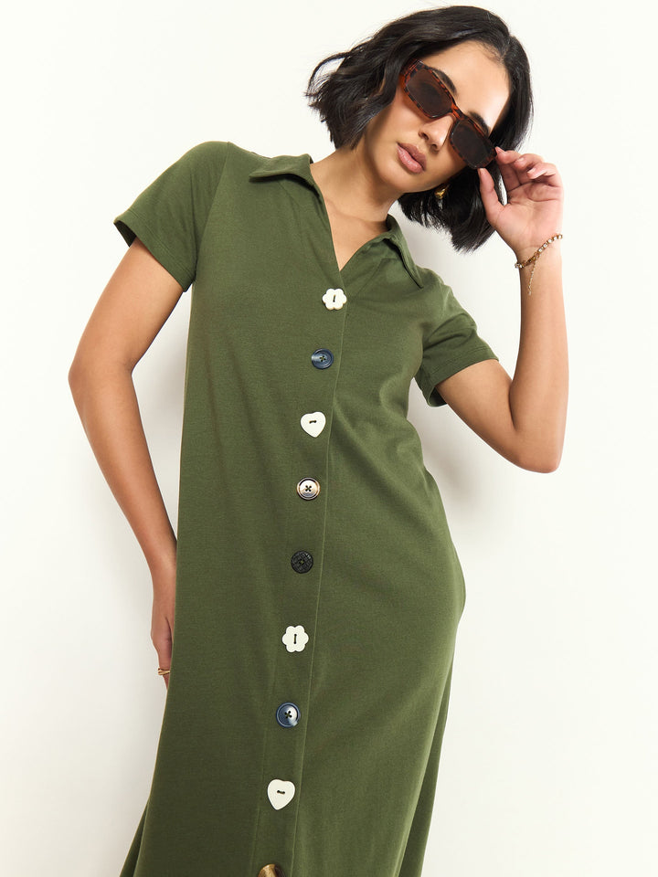Women Olive Multi Design Button Down Midi Dress