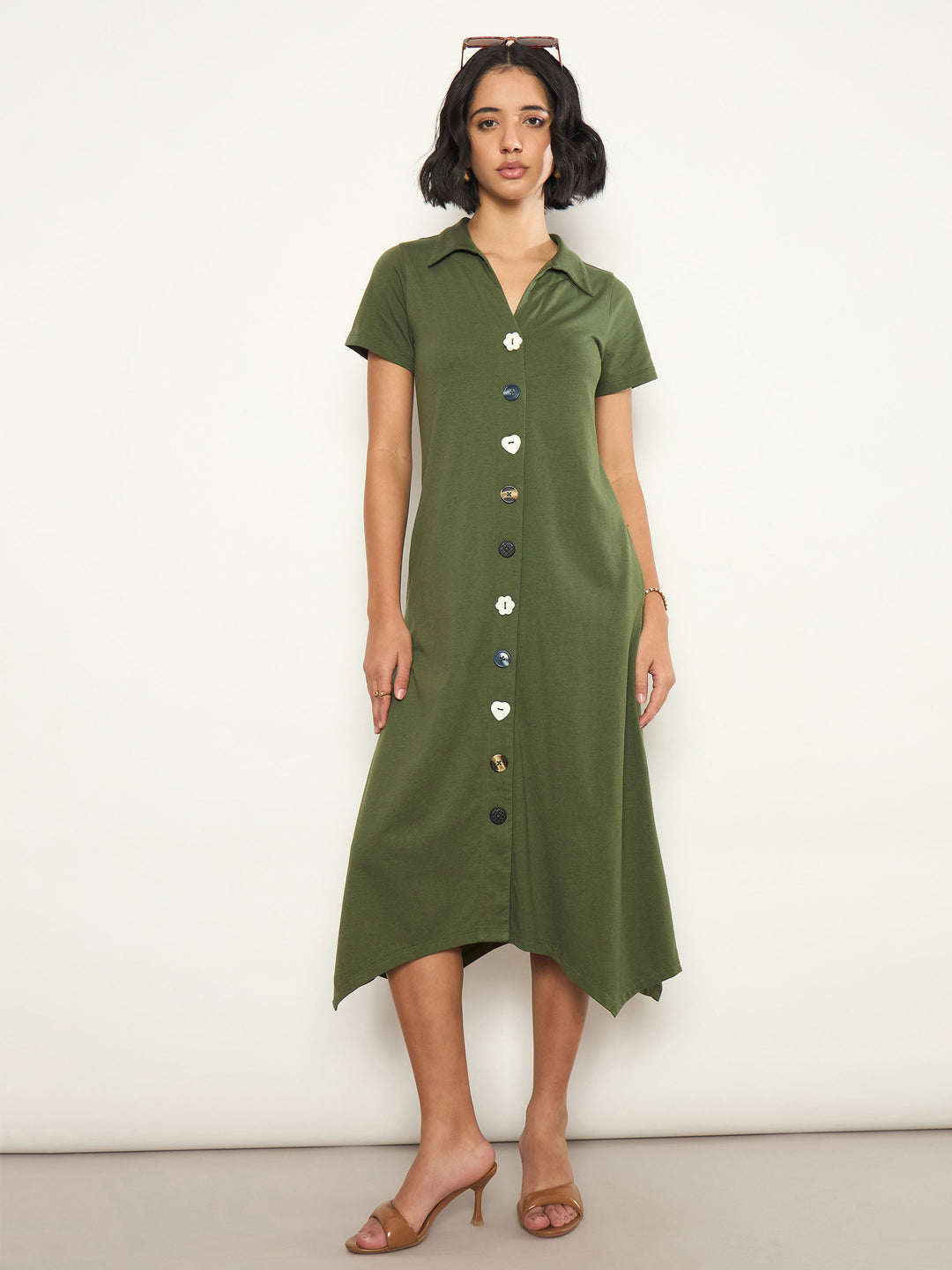 Women Olive Multi Design Button Down Midi Dress
