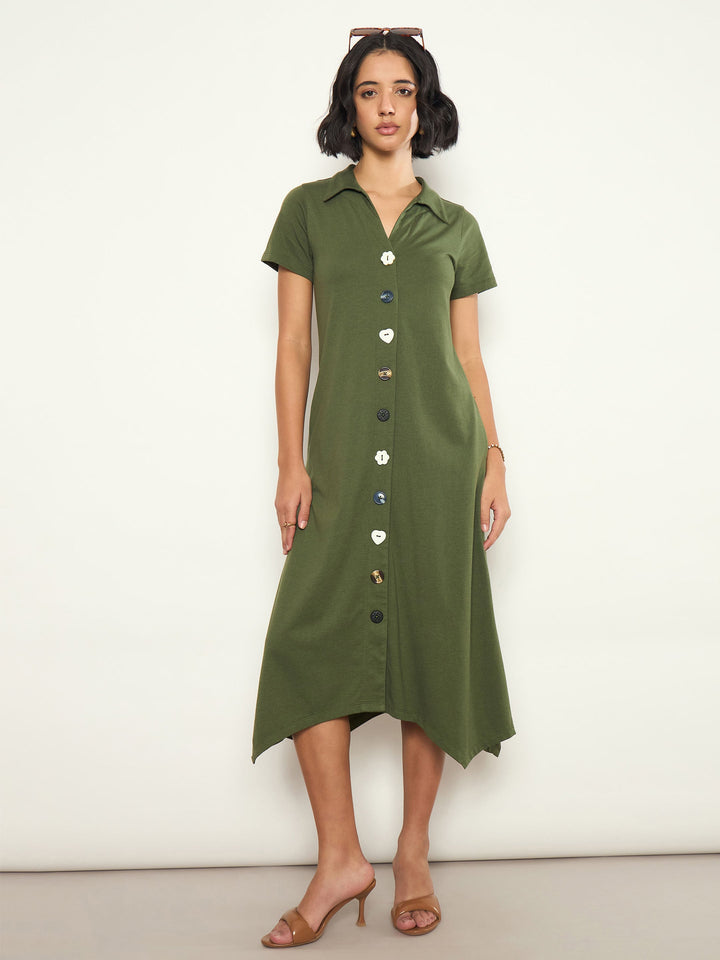 Women Olive Multi Design Button Down Midi Dress