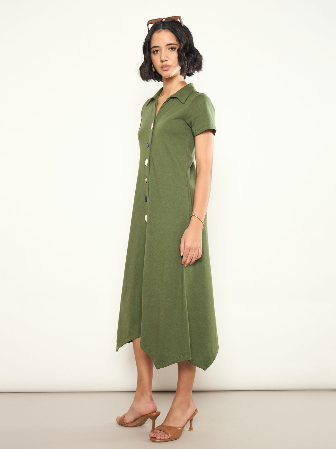 Women Olive Multi Design Button Down Midi Dress