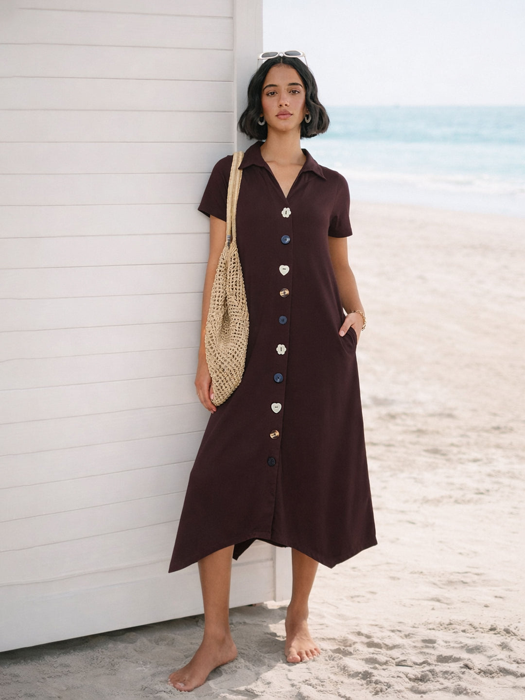 Women Coffee Brown Multi Design Button Down Midi Dress
