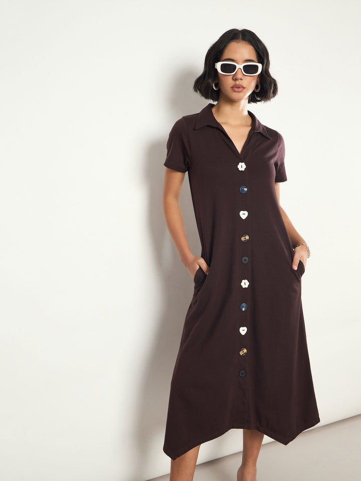 Women Coffee Brown Multi Design Button Down Midi Dress