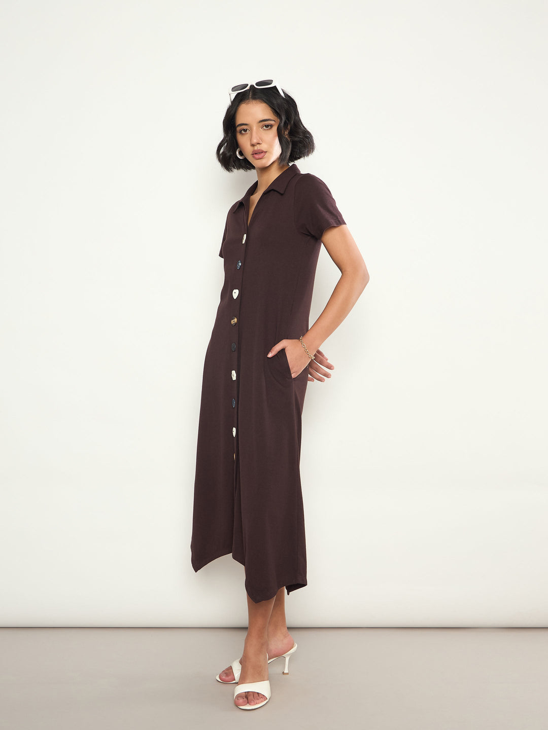 Women Coffee Brown Multi Design Button Down Midi Dress