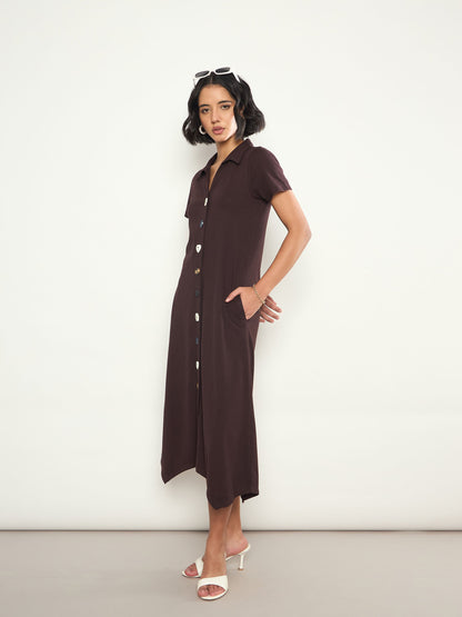 Women Coffee Brown Multi Design Button Down Midi Dress