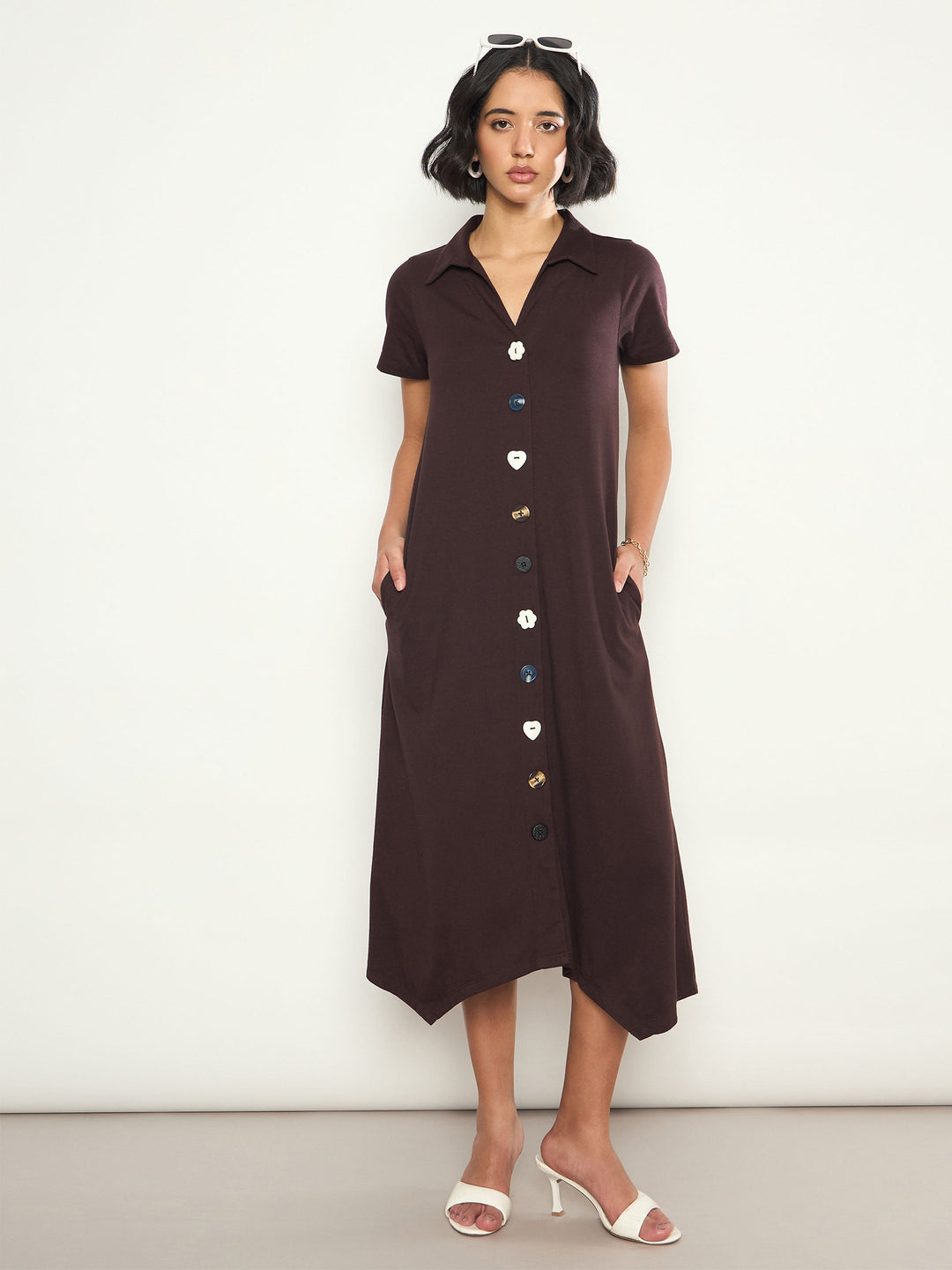 Women Coffee Brown Multi Design Button Down Midi Dress