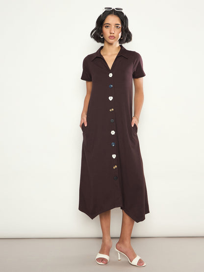 Women Coffee Brown Multi Design Button Down Midi Dress